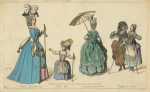 Dames de Paris. 1774-79. Dessinees d'ap[rès] nature. Lévite a Brandebourgs. Petite fille. En grande promenade. Negligé du matin.