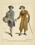 Petits-maitres Francais. 1778-79. D'ap[rès] nature par Deny. Trac du matin, boucles a l'anglaise. Redingote a la Lérrte, chapeau a l'hollandaise.