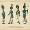 Grenadiers et officiers, (1801). Régiment Semiönowsky. Régiment Ismaïlowsky. Dessins inédits. Biblioth[èque] du dépot de la guerre à Paris. XIXe siècle, costumes militaires, infanterie, Russie.