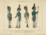 Grenadiers et officiers, (1801). Régiment Semiönowsky. Régiment Ismaïlowsky. Dessins inédits. Biblioth[èque] du dépot de la guerre à Paris. XIXe siècle, costumes militaires, infanterie, Russie.