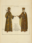 Princes Slaves en costume d'empereur et imperatrice de Constantinople. Peinture religieuse. Collec[tion] Abatri a Bergame. Dessin inedit. XIII-XV siècle.