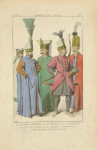 Boluch-Bassi chef Janissaire, tiré de l'hist[oire] des Turc, de Chalcondyle archer Turc en 1572, d'aprés l'ouvrage de Hans Weigel autres Janissaires, d'ap[rès] des miniatures. XVIe siècle, costumes militaires, infanterie, Orient.