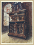 A cabinet of oak and walnut, with ebony panels and columns, inlaid with rosewood and ivory engraved. Originally in Lochleven Castles, and long known as "Queen Mary's Aumerie," probably made by French or Flemish craftsmen.