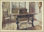An early Virginian colonist's parlour. Oak "drawinge" table, in the possession of the Pickering family, Salem, U. S. A., from 1636. Oak bible box, Connecticut Historical Society, U.S.A. Elder Brewster's chair, Pilgrims' Hall, Plymouth, Mass., U.S.A.