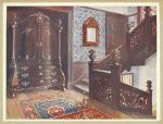 Carved walnut bombé armoire with chased mounts. Property of Dr. Burghard. Carved oak stairway, Guildford.