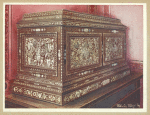 Inlaid jewel casket of walnut wood. Panelled front sides and top. In the Wallace Collection, Hertford house.