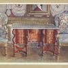 Kneehole writing table in red tortoiseshell. Lacquer steel top. Boulle. Gilt fauteuils, upholstered in  tapestry. In Louis XIV, chambre a coucher, Versailles.