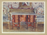 Kneehole writing table in red tortoiseshell. Lacquer steel top. Boulle. Gilt fauteuils, upholstered in  tapestry. In Louis XIV, chambre a coucher, Versailles.