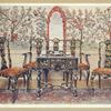 Black lacquer settee, chairs and table, red lacquer mirror. Property of Viscountess Wolseley. Wall-paper at Wotton-Under-Edge. Property of V. R. Perkins, Esq.