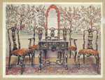 Black lacquer settee, chairs and table, red lacquer mirror. Property of Viscountess Wolseley. Wall-paper at Wotton-Under-Edge. Property of V. R. Perkins, Esq.