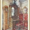 A group of early eighteenth-century furniture, from the collection of W. H. Lever, Esq., M.P. Walnut cabinet-top scrutoire, veneered upon oak with bleached herring-boned bandings. Inlaid sycamore ("yellow") clock. Carved tabouret, probably French.
