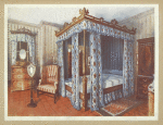 A heppelwhite bedroom. Chintz-curtained inlaid satinwood bed from Dr. Horne's collection. Inlaid satinwood dressing chest and mahogany wardrobe from Sir Walter Gilbey's collection.