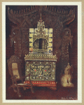 Asiatic furniture from the collection of Lord Curzon of Kedleston, G.C.S.I, D.C.L., etc. Burmese carved and gilt doorway from Mandalay. Buddhist manuscript box (poongyi) and shrine (sadaik) of wood encrusted with coloured glass, Upper Burma. Dragons (chinthe) placed at the entrance of a temple, Mandalay. Indian chair of traditional design, from Portuguese Colony at Goa.