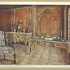 Panelled room: French. Style of the régence. Carved oak chair, Le Garde Meuble, Paris. Ormolu-mounted mahogany writing table. Ormolu-mounted bombé commode, by Charles Cressent. In the Wallace Collection, Manchester Square, London.