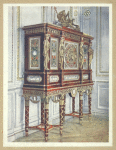 Jewel cabinet of Queen Marie Antoinette, of mahogany, gilt, inlaid, carved, and with painted plaques. French Louis XVI. Period, Pompeian-classic influence, ca. 1787. Palace of Versailles, France.