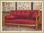 Carved gilt couch covered in rose brocade de Lyons. French: style, late Consulate. From the Chateau de Maisons-Laffitte, Paris. The property of T. Leman Hare, Esq.