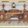 Painted and inlaid satinwood sideboard designed by Thomas Shearer, ca. 1789. Mahogany bracket clock. Property of the Bank of England.