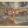 Late eighteenth-century decorative furniture. In the drawing-room of R. W. Hudson, Esq., Park Lane, W. Satinwood and mahogany inlaid pianoforte, with Wedgwood plaques, ormolu mounts, panel and stars, presented by Manuel Godoy to the Queen of Spain in 1796. Painted satinwood chairs and shaped cabinet.