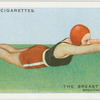 The breast stroke; breathing (exhaling).