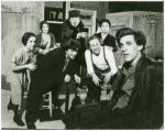 Nancy Franklin, Carol Teitel, David Margulies, Shimen Rushkin, Stefan Gierasch, Paula Laurence, Tony Schwab, amd Timmy Michaels (under table) in the stage production Seven Days of Mourning
