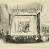 Two figures in Roman costume, on stage ; eighteenth century audience in foreground. Scribbling, including date 1791, on wall on each side. In pencil: India proof. Interior of the old John St. Theatre, N.Y.