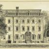The Walton house, Pearl Street. Large tree on walk to left to left ; garden wall, trees and shrubs to right.