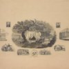 A sheet of vignettes. . .including depictions of Stephen Girard on rock by waterside, New York Exchange, Philadelphia Exchange, portraits of Washington and Lafayette, Washington crossing the Delaware, after Sully, a U[nited] States dollar, and three allegorical vignettes