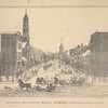 View from Trinity Church, looking down Wall Street with sketches of the buildings on each side