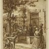Scene at a street corner. Two ladies entering a house, other people promenading ; a horseman beyond. Two children in foreground.