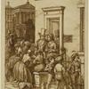 Corner house ; sign at door: "Mr. J. Easy's School for Young Ladies and Gentlemen." Over door, to left : "Wrong Place." People coming out of door, and doorstep : 3 boys at fence. To left: couple hailing stage passing church