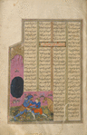 Mihrâs wrestles with Barzû's dîv before the entrance to the dîv's cave.