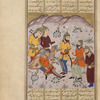 Bahman and his courtiers look at the body of Farâmarz.
