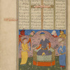 Jamshîd enthroned flanked by an angel and a swordbearer.