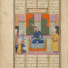 Zahhâk enthroned listens to the archimages who predict his overthrow by Farîdûn.