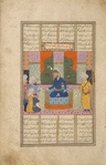 Zahhâk enthroned listens to the archimages who predict his overthrow by Farîdûn.