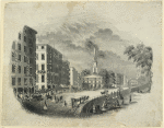 City Hall Park. French's Hotel, with street sign City Hall Square on its wall, Tammany Hotel, Sunday Times, Tribune and Currier on the left. St. Paul's in the background