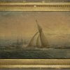 Oil painting marine, off Governors Island, with view of the Fort, racing sloop, frigate, etc.