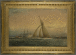 Oil painting marine, off Governors Island, with view of the Fort, racing sloop, frigate, etc.