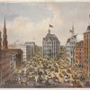 View of Broadway, looking north from just below Fulton St. St. Paul's on the left, post office in centre