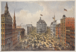 View of Broadway, looking north from just below Fulton St. St. Paul's on the left, post office in centre