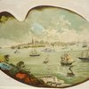 View of New York from the south: Governor's Island at right, Fort--Bedloe's Island?--at left. About 1885-90? In form of palette