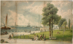 A view of the Battery, Castle Garden, and the Statue of Liberty beyond. Lettering trimmed off: Castle Garden, New York showing Bartholdi's Statue of Liberty