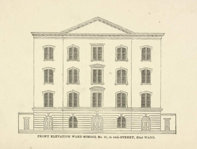Public schools. Front elevation Ward School No. 51, in 44th-Street, 22nd Ward.
