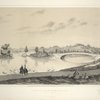 View of the lake, iron bridge and island. From Central Park Album, 1862