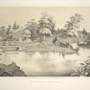 View of a rustic bridge and stone house. From Central Park Album, 1862
