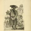 Four men in hats and coats, viewed from the back, with one wearing  a signboard that reads: "This day at 5 the grand golden lottery begins."