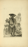 Four men in hats and coats, viewed from the back, with one wearing  a signboard that reads: "This day at 5 the grand golden lottery begins."
