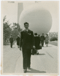 Contests - Spelling Bee - Akron Beacon Journal contestant in front of Trylon and Perisphere