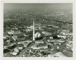 Fairgrounds - Views - Aerial - Trylon and Perisphere with Manhattan skyline