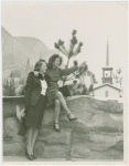 Fairgrounds - Visitors - Women pose on rock wall with scene in background